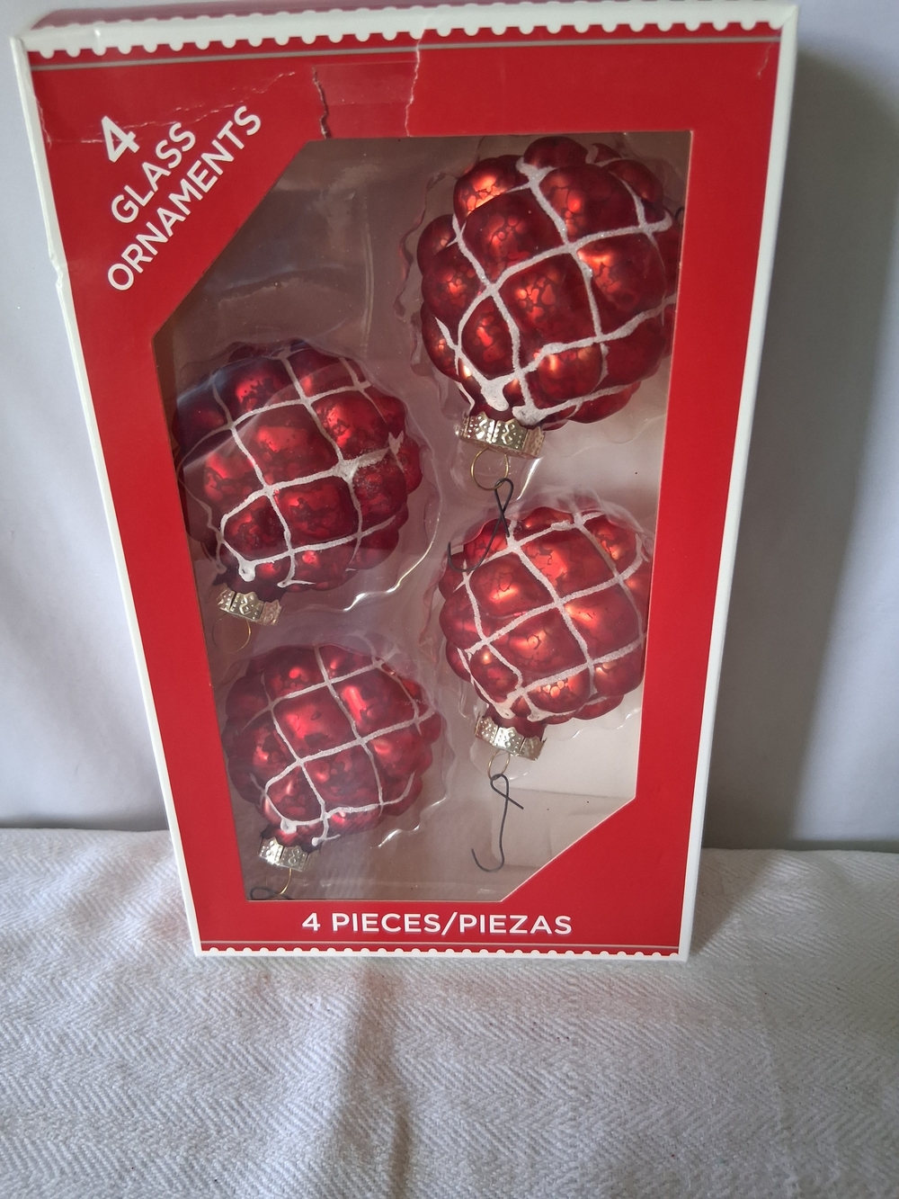 Red Glass Holiday Ornaments with White Lattice – Set of 4